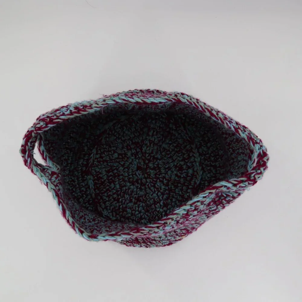 Handmade Knit Basket Bag With Handles‎ Burgundy Teal Yarn Boho Granny Cottage